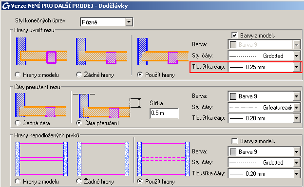 Klikněte na Další a upravte znázornění dodělávek. V oblasti "hrany uvnitř řezu": Ze seznamu Tlouštka čáry vyberte hodnotu 0.25 mm.