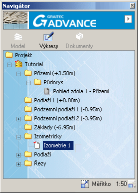 Advance se automaticky přepne do módu Výkresy. Izometrický pohled je zobrazen.