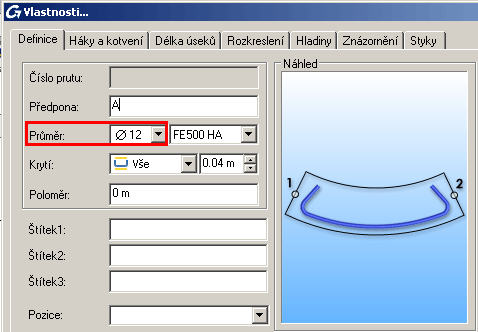3. V dialogu vlastností proveďte následující změny: V záložce Definice, z nabídky Průměr, vyberte průměr prutu - Ø12.