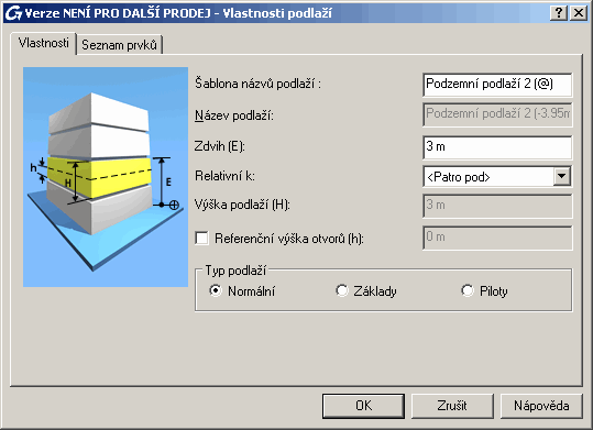 3. V dialogu vlastností v poli Šablona názvů podlaží zadejte nové jméno podlaží: Podzemní podlaží 2. Poznámka: Ujistěte se, že je ve jméně podlaží @, což zobrazuje nadmořskou výšku podlaží. 4.