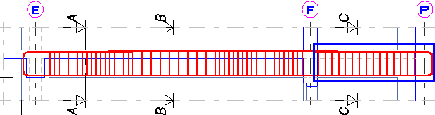 Stejným způsobem vytvořte přímé kladení obdélníkového prutu v Řezu C-C. Nastavte definiční typ kladení na Dle rozteče (zaok.) a rozteč 0.15 m.