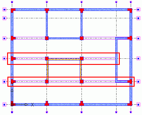 Step 2: Tvorba průběžného trámu V tomto příkladě vytvoříte trámy ze tří segmentů podél os 18 a 19. 1. Na nástrojové liště Modelování, kliněte na. 2. Pro zadání počátečního bodu klikněte na průsečík os C18.