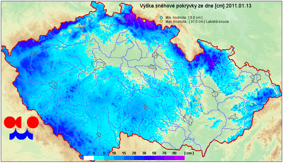 Výrazné oteplení v kombinaci s intenzivními srážkami (ve všech polohách 13.1. maxima 5 až 9 st.c, 14.1. minima 8 až 4 st.c, maxima 7 až 10 st.c) vedly k rychlému odtávání sněhové pokrývky. Ráno 14.1. ležel sníh už jen v polohách nad 600 m n.