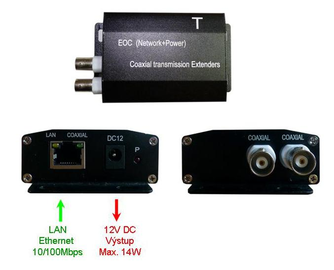 EOC62PT napájení z koaxiálního vedení, rozsah napětí 13V-48V DC napájí připojený spotřebič 12V DC, součástí oboustranně konektoroaný propojovací kabel 5.5/2.
