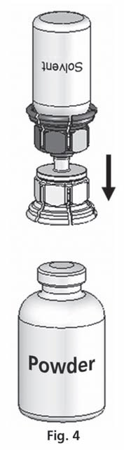 Rozšroubujte Mix2Vial na dvě části (obr. 5). Napěnění zmizí. Odstraňte prázdnou lahvičku od rozpouštědla spolu s modrou částí Mix2Vial.