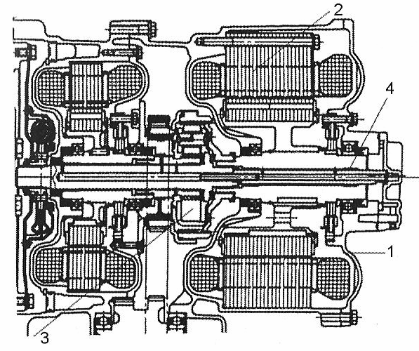 Tandemový elektromotor Tyto motory jsou vyžívány pro pohon elektromobilu a hybridních pohonu, např. TOYOTA Prius, viz hybridní pohony. Konstrukce motoru je znázorněna na obr. 19.