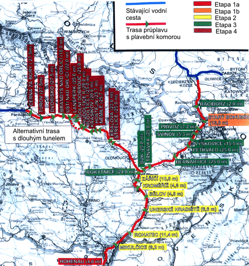 Obr.40 Trasa navrhovaného průplavního spojení podle představ sdružení D-O-L (Zdroj: www.ekolist.