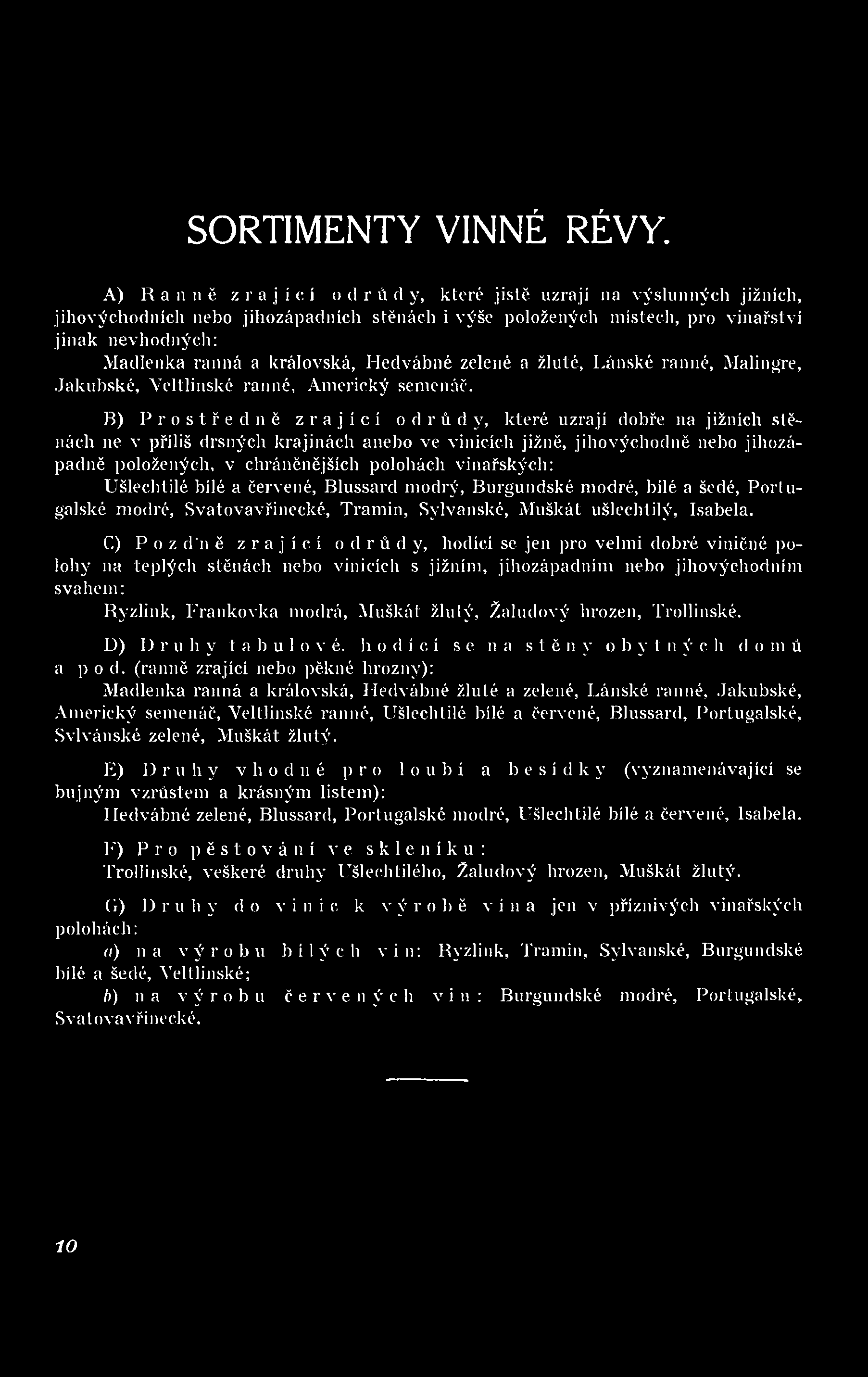 vinařských: Ušlechtilé bílé a červené, Blussard modrý, Burgundské modré, bílé a šedé, Portugalské modré, Svatovavřinecké, Tramin, Sylvanské, Muškát ušlechtilý, Isabela.