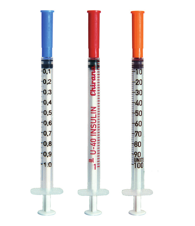 151100 160129 INZULÍNOVÉ A TUBERKULÍNOVÉ STŘÍKAČKY CHIRANA Inzulínové stříkačky jsou určené na aplikaci 0,5 nebo 1 ml (100 jednotek) inzulínu. Tuberkulínové stříkačky jsou určené na aplikaci vakcín.