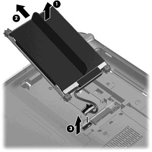 11. Pevným zatažením za malý černý plastový výstupek odpojte kabel pevného disku od systémové desky (3). 12. Vyjměte pevný disk. Instalace pevného disku: 1.