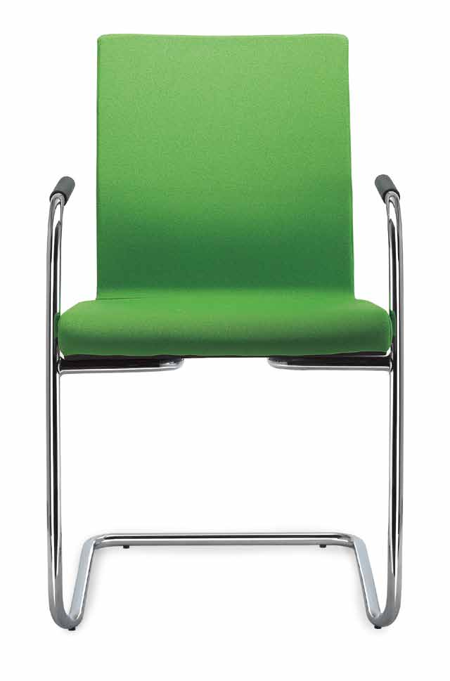 Stackable conference chair, upholstered with a wood back, paint or chrome-coated steel frame.