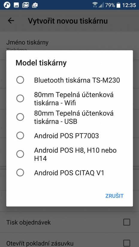 Aplikace minipos umí obsluhovat jednu nebo více tiskáren. Konkrétní tiskárnu můžete připojit volbou Přidat tiskárnu. Přidání tiskárny Vyberete z nabídky Model tiskárny.