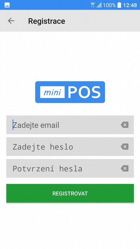 Registrace nového majitele Registrovat nového majitele licence můžete přímo zde v aplikaci. Zadejte platný email a zvolte si bezpečné heslo pro přístup do systému minipos.