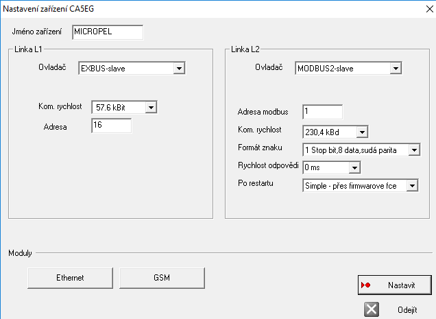 Dialog "Nastavení zařízení CA5EG " Zde je možno měnit kompletní nastavení komunikátoru CA5// automatu MCA45, do něhož počítáme nastavení komunikačních linek, jména zařízení a nastavení těch modu,