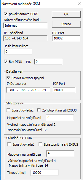 Nastavení ovladače GSM povolit datové GPRS povolení spustit GPRS a tím zpřístupnit komunikátor na Internetu přes mobilního operátora Název přístupového bodu (Access point name) název přístupového