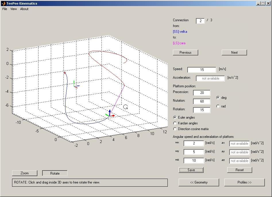 TeePee Kinematics Panel pro pohyb mezi jednotlivými napojeními v trajektorii.