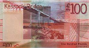 Bank of Scotland - 100 The Bridges Series Charakteristika vzhledu: Velikost: 163mm x 90mm Barva: Červená Přední
