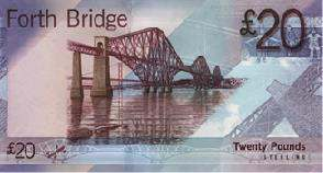 Bank of Scotland - 20 The Bridges Series Charakteristika vzhledu: Velikost: 149mm x 80mm Barva: Růžová Přední strana: 1. portrét Waltera Scotta 2. znak Bank of Scotland 3.