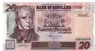 Bank of Scotland - 20 Tercentenary Series Charakteristika vzhledu: Velikost: 149 x 80m Barva: růžová Přední strana: 1.