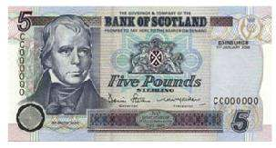 Bank of Scotland - 5 Tercentenary Series Charakteristika vzhledu: Velikost: 142 x 75m Barva: hnědá Přední strana: 1. ruční portrét Waltera Scotta 2. znak Bank of Scotland umístěný na firemním logu 3.