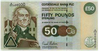 Clydesdale Bank - 50 Famous Scots Series Charakteristika vzhledu: Velikost: 156 x 85m Barva: zelená Přední strana: 1. portrét Adama Smitha s budovou v pozadí 2.
