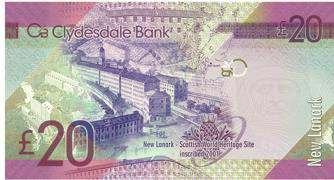 horizontální kódy po stranách 6. logo Clydesdale Bank Zadní strana: 1. obrázek města Nový Lanark 2.