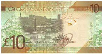 horizontální kódy po stranách 6. logo Clydesdale Bank Zadní strana: 1. obrázek starého a nového Edinburku 2.