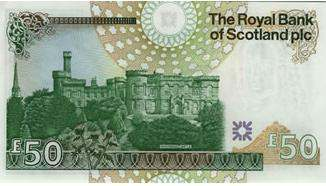 Royal Bank of Scotland - 50 Current Issue Charakteristika vzhledu: Velikost: 156x 85m Barva: zelená Přední strana: 1. portrét Lorda Ilaye 2. fasáda sídla banky Edinburku 3.