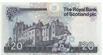 Royal Bank of Scotland - 20 Current Issue Charakteristika vzhledu: Velikost: 149x 80m Barva: fialová Přední strana: 1. portrét Lorda Ilaye 2. fasáda sídla banky Edinburku 3.