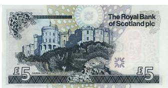 Royal Bank of Scotland - 5 Current Issue Charakteristika vzhledu: Velikost: 135x 70m Barva: modrá Přední strana: 1. portrét Lorda Ilaye 2. fasáda sídla banky Edinburku 3.