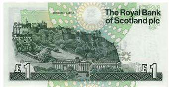 Royal Bank of Scotland - 1 Current Issue Charakteristika vzhledu: Velikost: 128x 65m Barva: zelená Přední strana: 1. portrét Lorda Ilaye 2. fasáda sídla banky Edinburku 3.