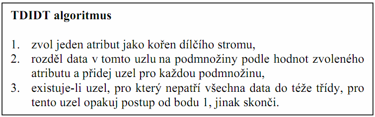 rk sl a R S R S kl 2 ( akl ekl ) = n χ = n [1] e r s k= 1 l= 1 kl k= 1 l= 1 k l 2 (3.10) Při použití tohoto kritéria se zvolí pro dělení atribut, který má nejvyšší hodnotu χ 2.