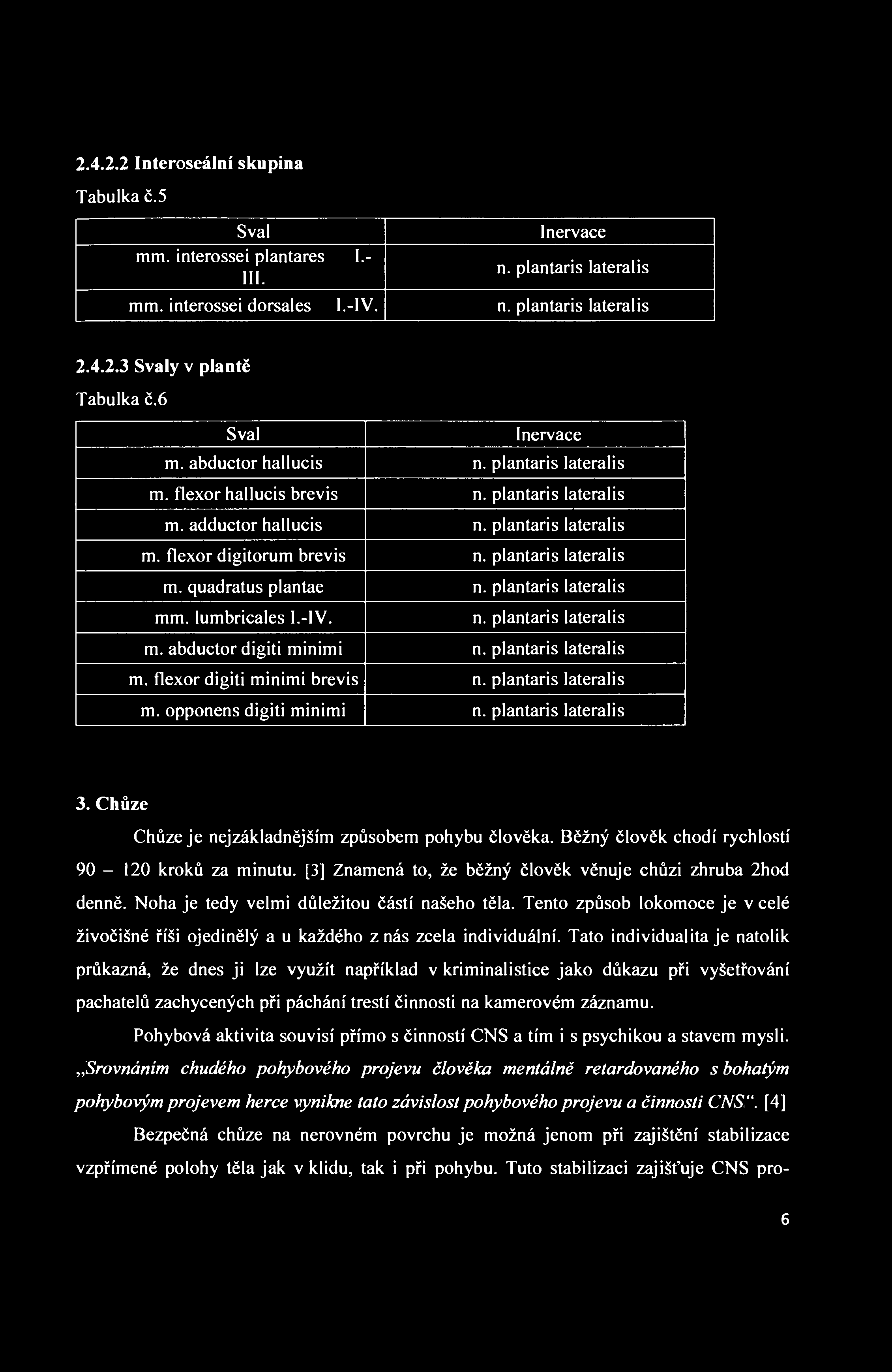 2.4.2.2 Interoseální skupina Tabulka č.5 Sval Inervace mm. interossei plantares I.- III. n. plantaris lateralis mm. interossei dorsales I.-IV. n. plantaris lateralis 2.4.2.3 Svaly v plantě Tabulka č.