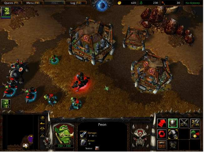 Obrázek 2.1: Uživatelské rozhraní ve hře Warcraft III. Největší část obrazovky zabírá výhled nahracíplochu.zdejevidětčástzákladnyhráče(objektyvpravéčástiokna)aněkolikjeho jednotek(v levé části okna).