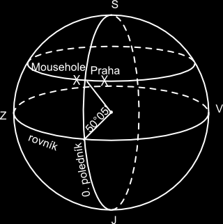 Dále vyznač světové strany a rovnoběžku / rovnoběžky, na které / kterých leží obě místa. Chceme: Obě města na stejnou rovnoběžku Mousehole na západ od 0. Poledníku Prahu na východ od 0.