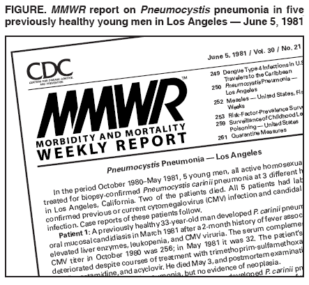 Historie HIV / AIDS 1981 5. červen v MMWR publikovaná 1. zpráva o Pneumocystové pneumonii u pěti předtím zdravých mladých mužů homosexuální orientace 3.