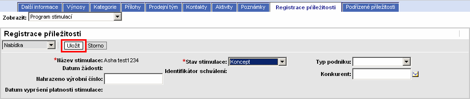 Potom záznam dokončete a koncept odešlete: 1. V záznamu o příležitosti klepněte na kartu zobrazení Registrace příležitosti. 2. Doplňte příslušné informace. 3. Klepněte na možnost Odesláno k posouzení.