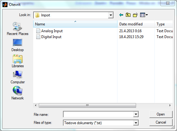 3.1.6 Import a export Další poloţkou v menu je volba Import, která načte vstupní data určená k modulaci z vybraného souboru s příponou *.txt. Dialogové okno je vidět na obrázku 33.