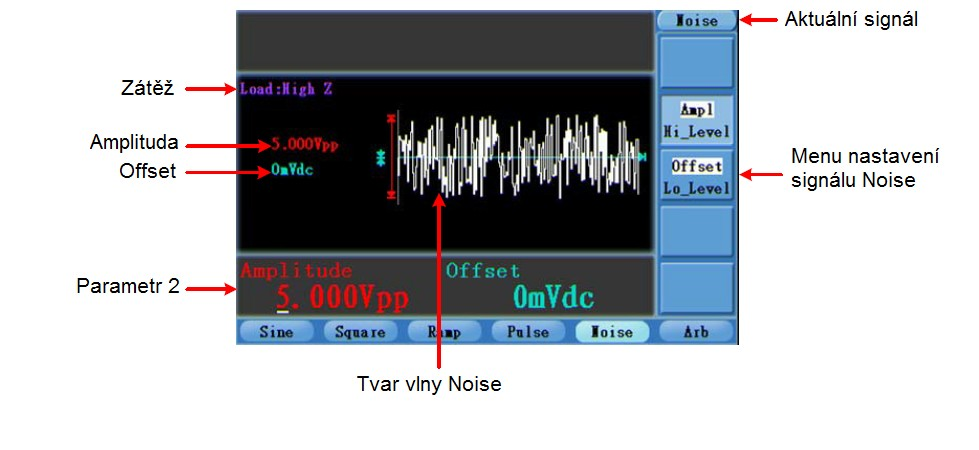 Obrázek 5-9: nastavení Edge Time signálu Pulse Poznámka: Čas vzestupu a sestupu signálu Pulse by měl mít základně stejnou hodnotu. Výstup signálů Noise (šum) Šum, který generátor vydává, je bílý šum.