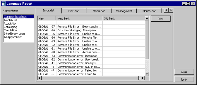 error.dat hint.dat menu.dat message.dat month.dat statusbr.dat tab_col.dat window.dat Mohou být nalezeny v souborech: \<module>\tab\xxx\*.dat a \<module.sav>\tab\xxx\*.dat. Můžete si zobrazit a vytisknout texty pro každý modul jednotlivě nebo pro všechny moduly dohromady.
