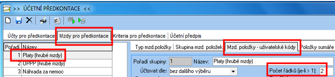 Zapsané údaje nezapomeňte uložit ikonou. Obrázek 17: Vytvoření předkontace Poté na záložce Mzdy pro předkontace / Mzd.