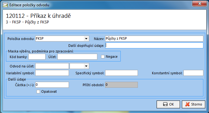 FKSP (sociální fond) 9 Název - název položky odvodu Odvod na účet pokud je uvedeno číslo účtu a kód banky na srážce zaměstnance, zde není nutno vyplňovat Variabilní, Specifický a Konstantní symbol