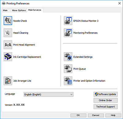Informace o síťových službách a softwaru Karta Údržba Můžete používat funkce údržby, například kontrolu trysek a čištění tiskové hlavy a spuštěním aplikace EPSON Status Monitor 3 můžete zjistit stav