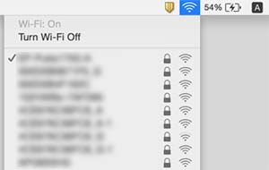 Řešení problémů Mac OS X Klikněte na ikonu Wi-Fi v horní části obrazovky počítače. Zobrazí se seznam SSID a připojený SSID je označen zaškrtnutím.