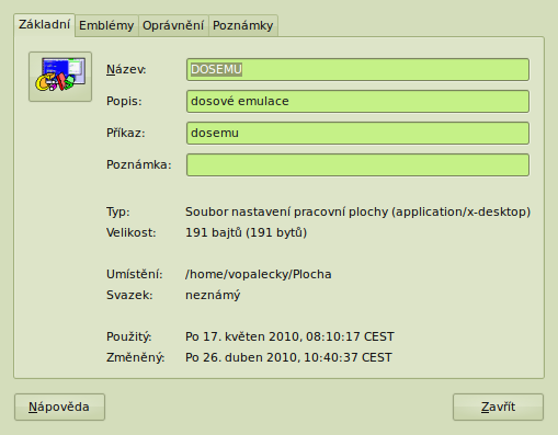 Vytvoření spouštěče DOSEMU Na pracovní ploše vytvořit zástupce programu Dosemu.