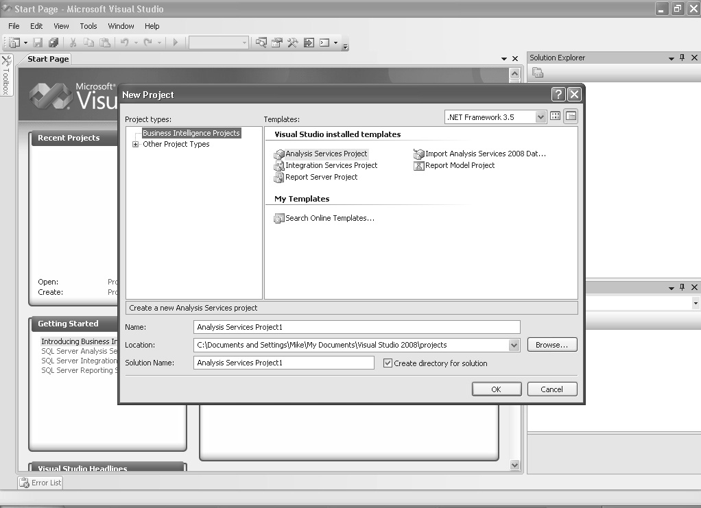 Kapitola 3 Použití nástrojů v systému SQL Server 2008 69 Nástroje Business Intelligence Ke správě služeb SSIS, SSRS a SSAS se používá nástroj SSMS.