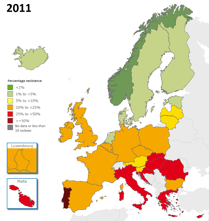 Methicilin-rezistentní Staphylococcus aureus (MRSA), izoláty z krve a likvoru EU průměr výskytu MRSA se signifikantně snížil (z 18,6 % v roce 2011 na 17,4 % v roce 2014) ale tento pokles