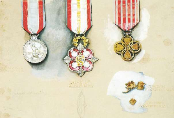 Dokument 6 František Kupka, Návrhy řádů a medailí pro čs. armádu (Francie, 1918, kvaš, akvarel, papír) v majetku VHU 1) Z těchto návrhů byl realizován jen jeden, a to Řád zlaté lípy.