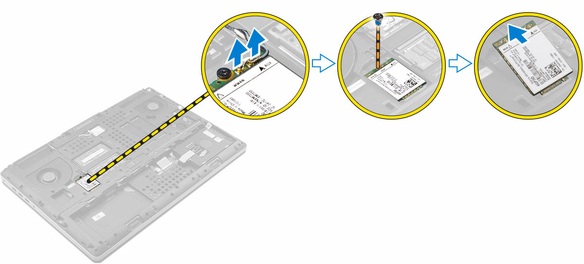 Vyjmutí karty WWAN (Wireless Wide Area Network) (volitelná) 1. Postupujte podle pokynů v části Před manipulací uvnitř počítače. 2. Demontujte následující součásti: a. kryt baterie b. baterie c.