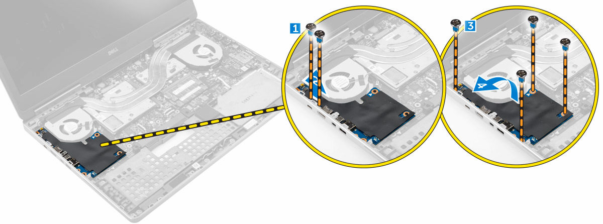 Montáž levé desky I/O 1. Připojte konektor desky I/O a zasuňte desku I/O do patice v počítači. 2. Namontujte držák thunderbolt 3. Utáhněte šrouby, které připevňují desku V/V k počítači. 4.